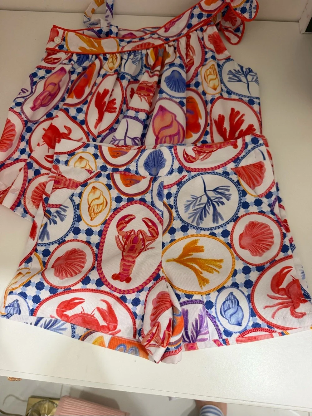 Janie and Jack White Ruffled Nautical Print Top with Coral Trim